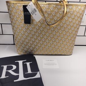 Lauren Ralph Lauren Metallic Gold Monogram Tote Collins 36 LRG